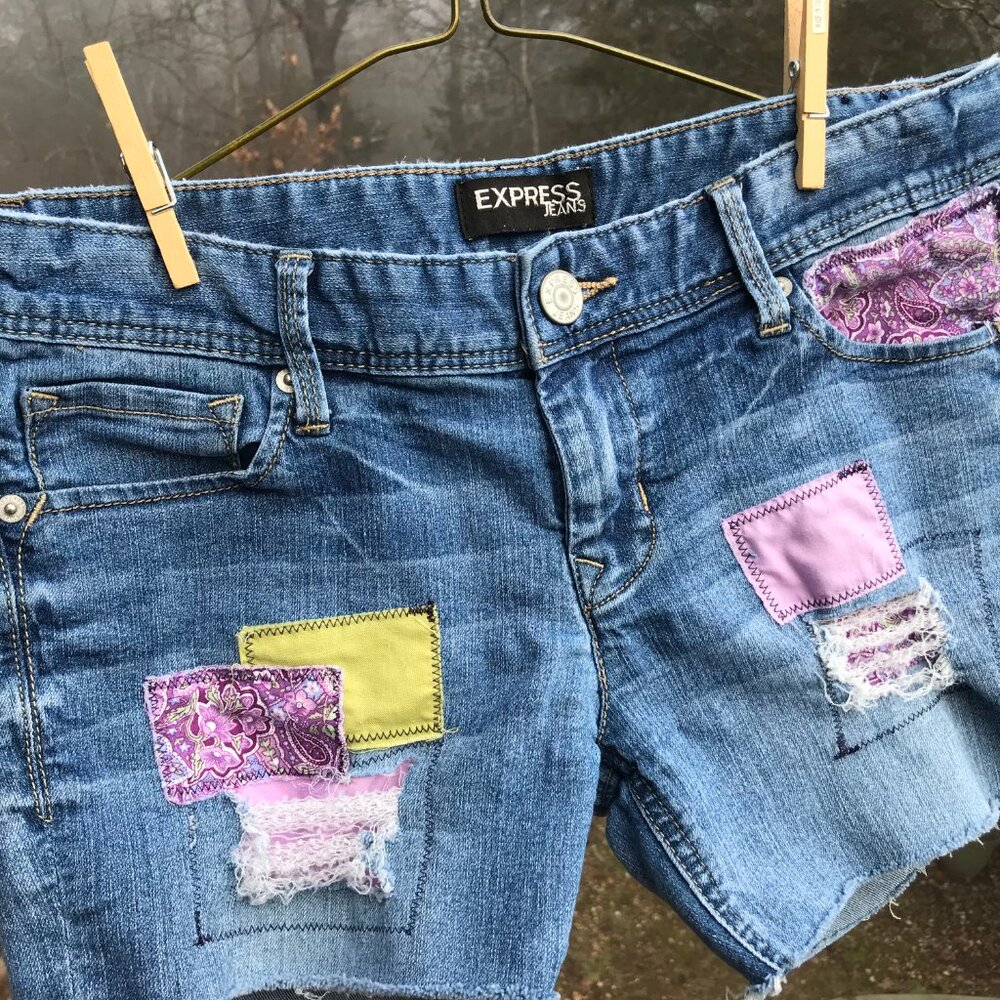 Upcycled Ripped Jean Short Cutoffs, Patchwork Distressed Junior Size 8 - Picture 9 of 11